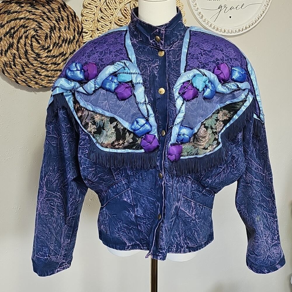 Vintage 80s Varod Blue Purple Fringed Acid Washed Brocade Lace Jacket Womens